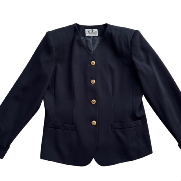 Le Suit Blazer Navy Blue Gold Buttons Cuffed Sleeve Career Jacket Size 12 - Picture 10 of 12